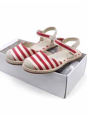 Red Stripe Espadrille Jute Sandals Womens 7 Ankle Strap Closed Toe Flats Nyla